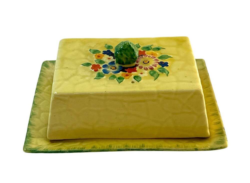 Vintage 1930s Crown Devon Butter Dish Covered Yellow Floral Pottery England